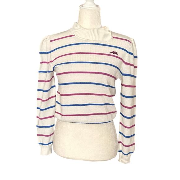 Vintage 80s Sears Split Turtleneck Striped Sweater Youth 16 Womens XS - Picture 1 of 7
